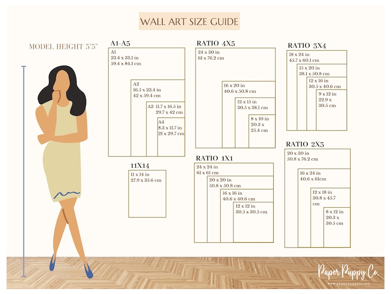 May include: Wall art size guide with dimensions in inches and centimeters. Includes ratios 4x5, 3x4, 2x3, and 1x1, plus A1-A5 and 11x14 sizes. A stylized illustration of a person is next to the size chart. The text "Paper Puppy Co." is at the bottom.