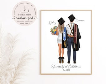 May include: Digital print illustration of a graduating couple in caps and gowns, with a bouquet and stoles. The print includes the text "University of California, Class of 2022".