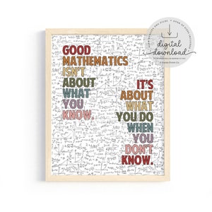 May include: A framed print with the text "GOOD MATHEMATICS ISN'T ABOUT WHAT YOU KNOW. IT'S ABOUT WHAT YOU DO WHEN YOU DON'T KNOW." The background is filled with mathematical equations and diagrams. The frame is a light wood color.