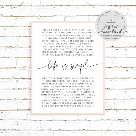This Is Your Life Printable Art, Life is Simple Inspirational Quote, Inspirational Printable Art, Motivational Quote, Digital Download
