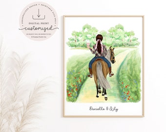 May include: A framed digital print featuring a watercolor illustration of a person riding a horse on a path through a green field. The person is holding a glass of wine. The print includes the text "Danielle & Lily" and "DIGITAL PRINT customized".