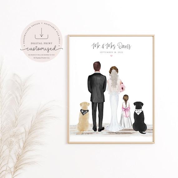 Custom Bride and Groom Gift | Wedding Day Dog Family Print | Dog Print | Wedding Print | Wedding Gift | Personalized Art Print | Mr. & Mrs.