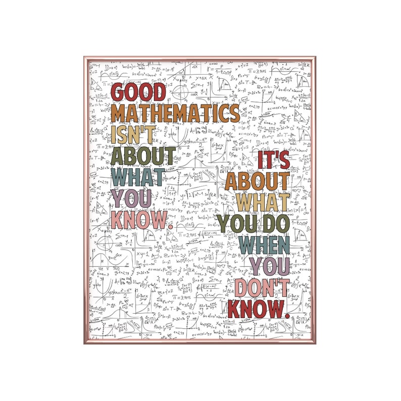 May include: A framed print with a rose gold border. The print features the text "GOOD MATHEMATICS ISN'T ABOUT WHAT YOU KNOW. IT'S ABOUT WHAT YOU DO WHEN YOU DON'T KNOW." The background is filled with mathematical equations.