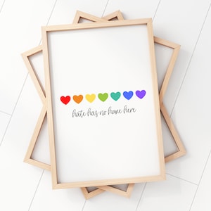 Hass hat hier kein Zuhause | Inklusive Schild | Menschenrecht Poster | Regenbogen Herzen | LGBT Pride Print | Inspirierende Wandkunst | Digitaler Download