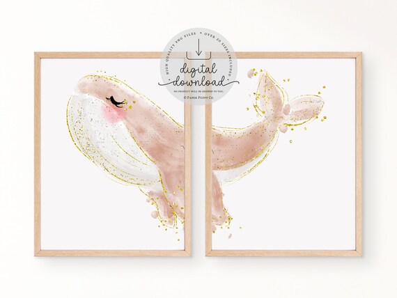 Set of 2 Baby Girl Nautical Nursery Wall Art Printable, Whale Watercolor Nursery Print, Beach Home Decor, Nautical Nursery Wall Art, Digital