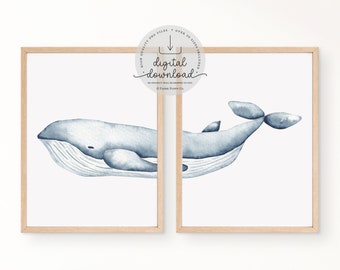 Set of 2 Nautical Nursery Wall Art Printable, Whale Watercolor Nursery Print, Beach House Decor, Nautical Nursery Wall Decor, Digital