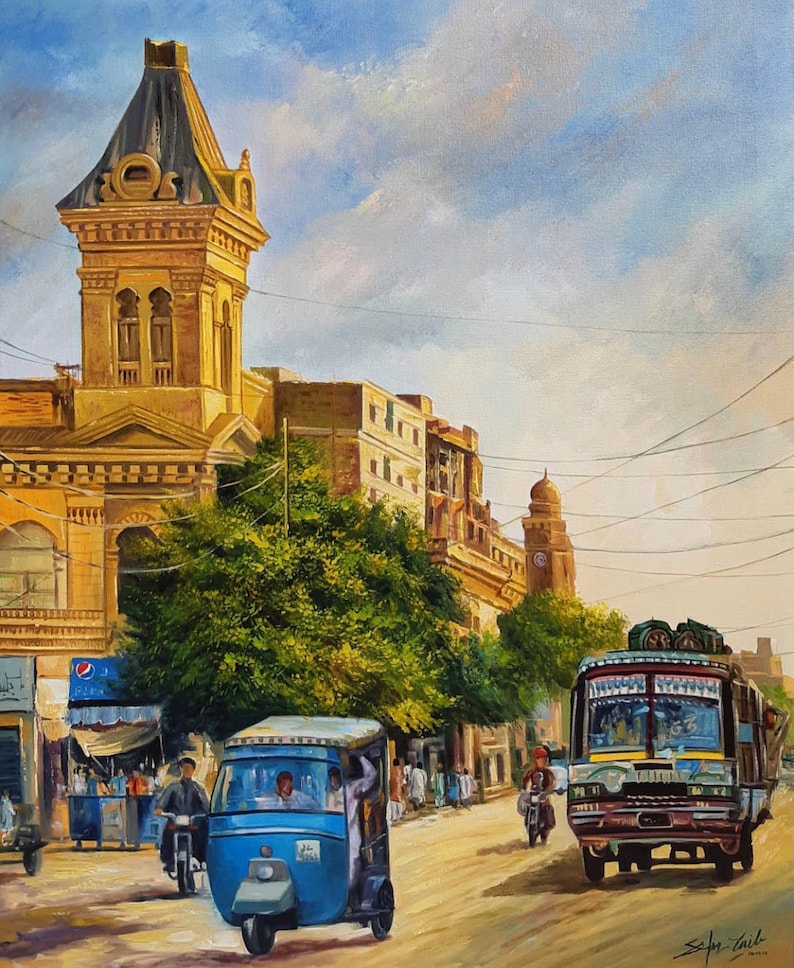 Karachi Cityscape South Asian Oil Painting zdjęcie 1