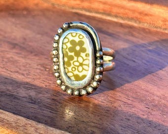 Handmade Sterling Silver Split Band Broken China Spring Blossom Pyrex Ring