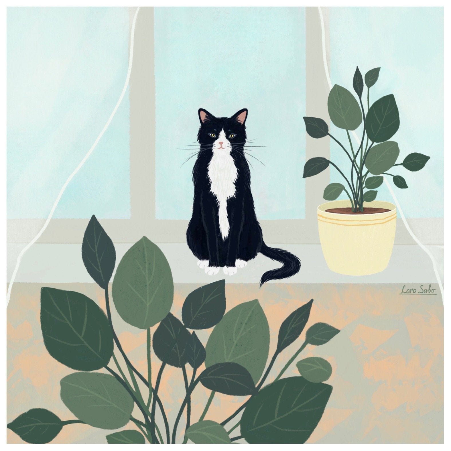 Illustration Cat Illustration Black Cat Plant Art Pet Art Etsy