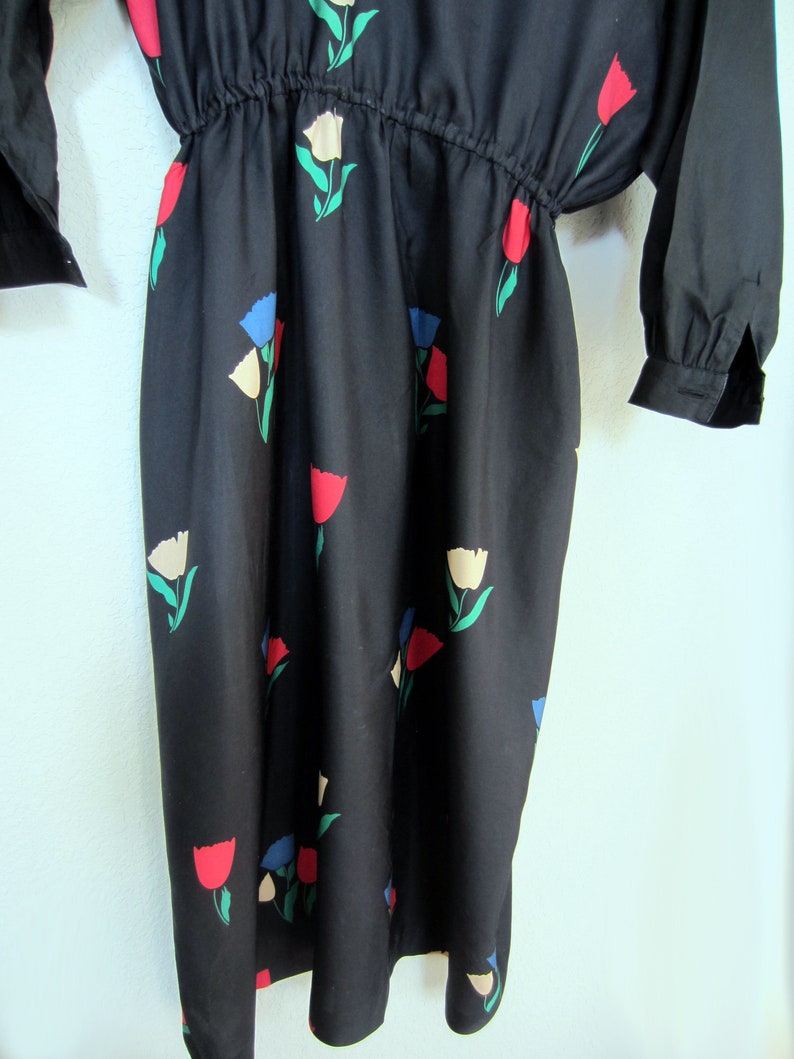 Big Shoulder Power Look Black Silk Dress Vintage 1980s Flowing Batwing Sleeves Frank Young Tag Modern Floral Design on Skirt
