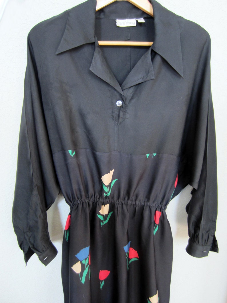 Big Shoulder Power Look Black Silk Dress Vintage 1980s Flowing Batwing Sleeves Frank Young Tag Modern Floral Design on Skirt