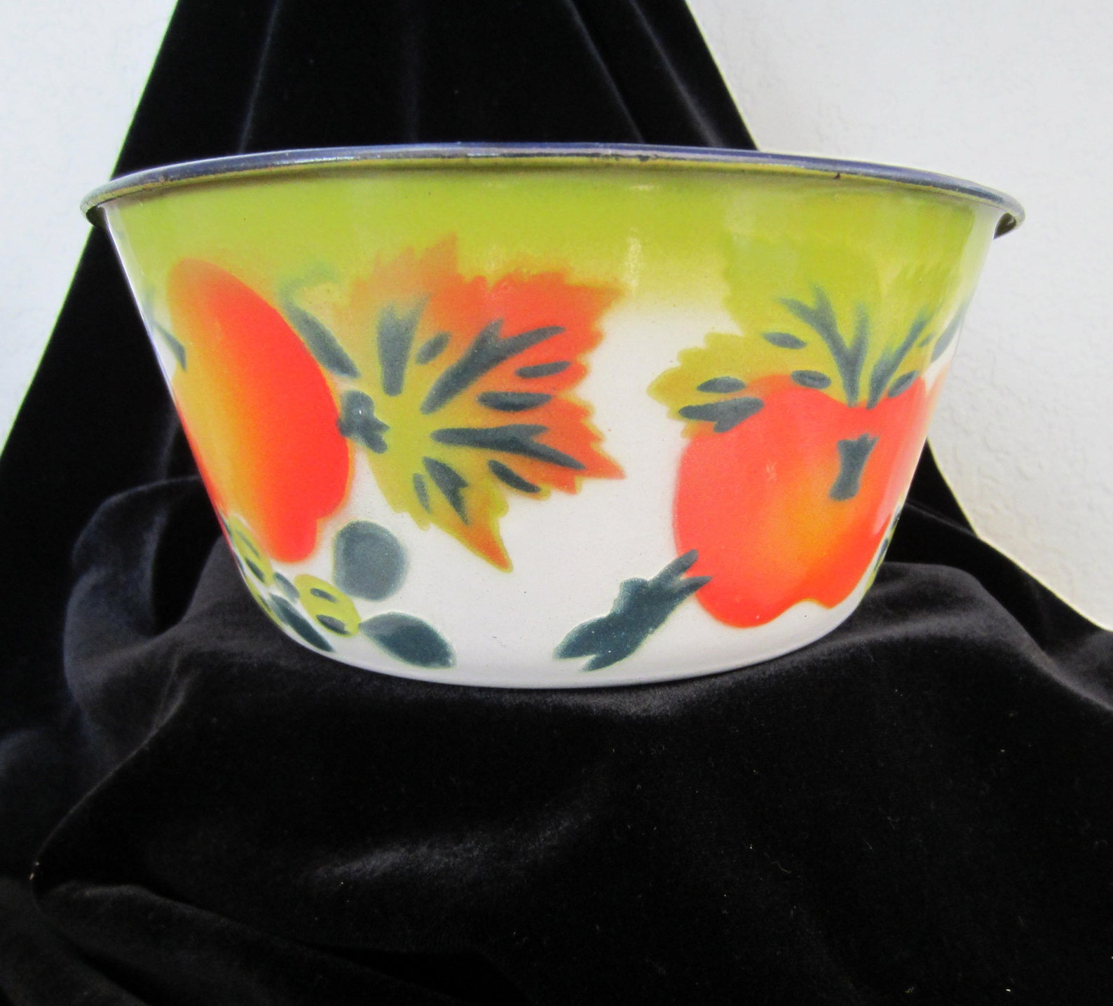 Vintage Enamelware Bowl With Fruit Apples and Grapes Design Etsy
