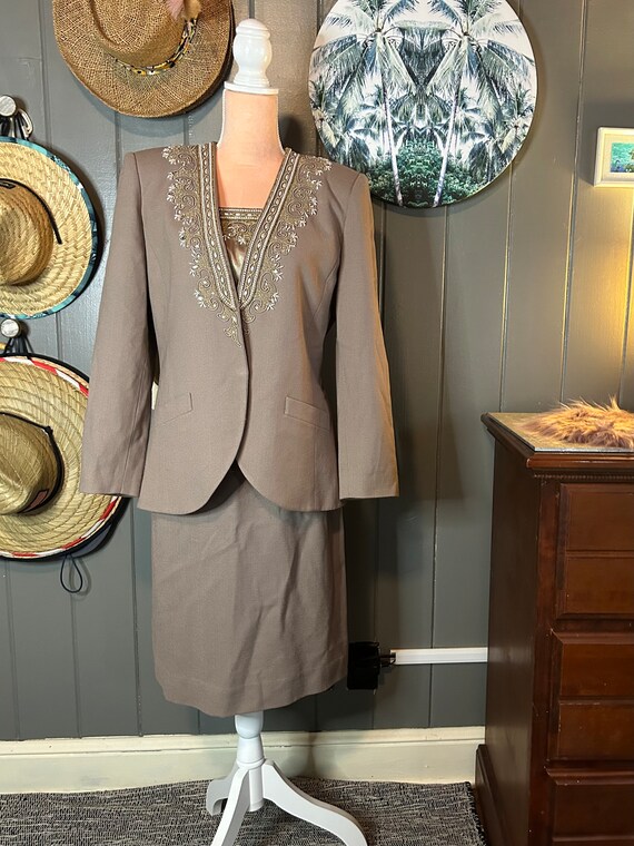 Vintage Taupe Beaded Skirt Suit & Cami medium - image 2