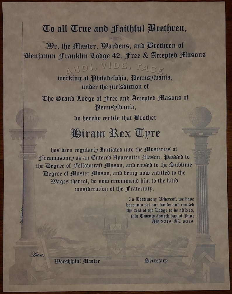 Custom Masonic Membership Certificate Etsy
