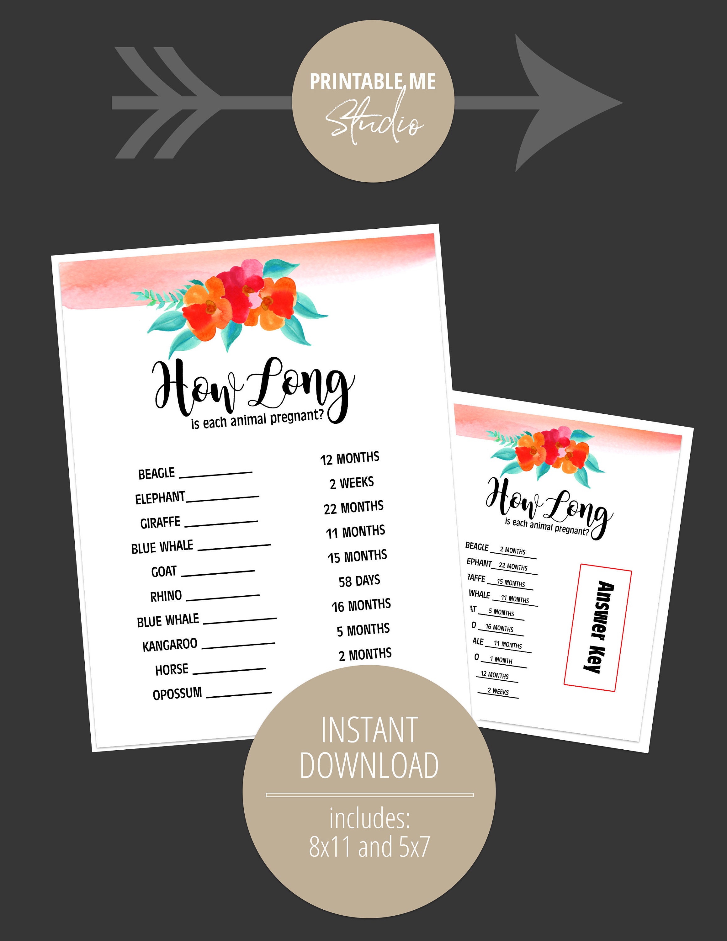 Instant Download Baby Shower Game How Long Animal Pregnancy Etsy