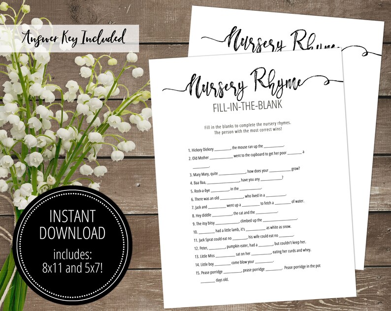 Nursery Rhyme Printable Game Fill In The Blank Baby Shower Etsy