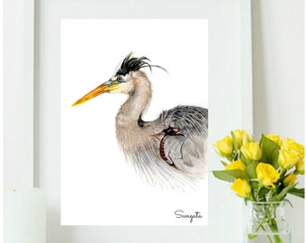 Heron Bird watercolor painting,  Digital download, Great blue heron wall art print.
