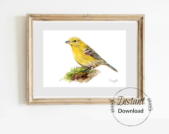 Watercolor warbler painting , Digital Download, Yellow bird wall art, North American bird.