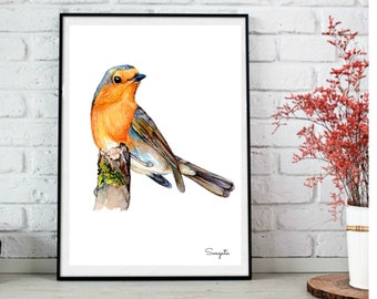 Robin bird watercolor painting, digital download 5X7, 8X10 inches, Bird art print,  printable bird wall art, Bird lover gift