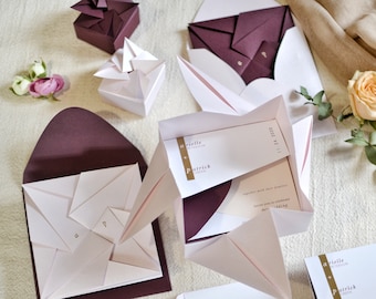 Pink Quartz and Burgundy Origami Wedding Invitation Suite - Unique Custom Printed Elegant Handmade Wedding Invitation Set with Monograms