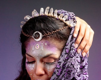 Moonlight LED light up Raw Quartz crystal Crown rave accesories festival fashion bohemian outfit natural stones headband hair accesories