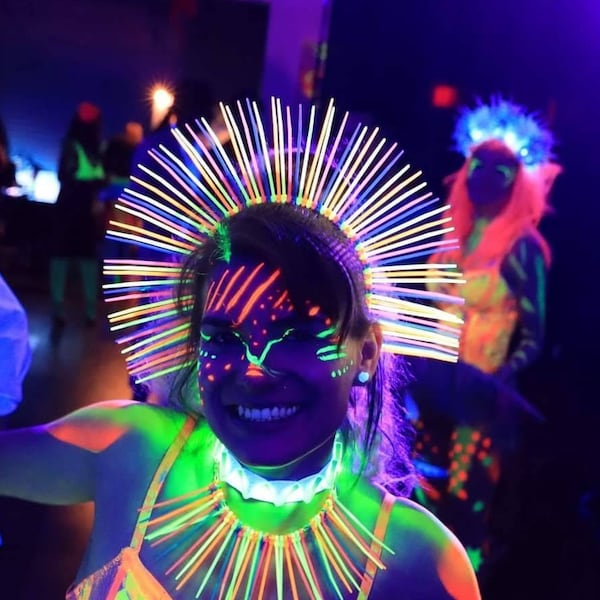 Neon goddess Glow in the dark colorful neon crown performers rave festival fashion dance wear uv blacklight spiked halo crown party pride