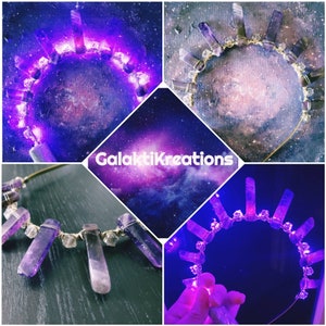 May include: A purple crystal headband with wire wrapped amethyst points. The headband is lit up with purple lights. The background is a galaxy print.
