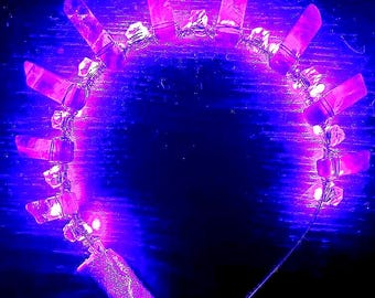 Amethyst light up crown festival fashion tiara led headpiece natural stone and clear faceted glass beads headband semi precious stone halo