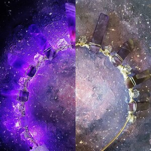 May include: A gold wire headband with purple and clear crystals. The headband is wrapped with wire and has a delicate, feminine look.