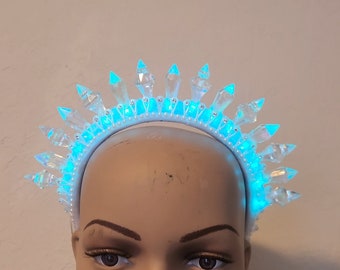 Aurora acrylic crystal spiked crown rechargeable LED headpiece changing color festival accessories dancer performer costume hair jewelry