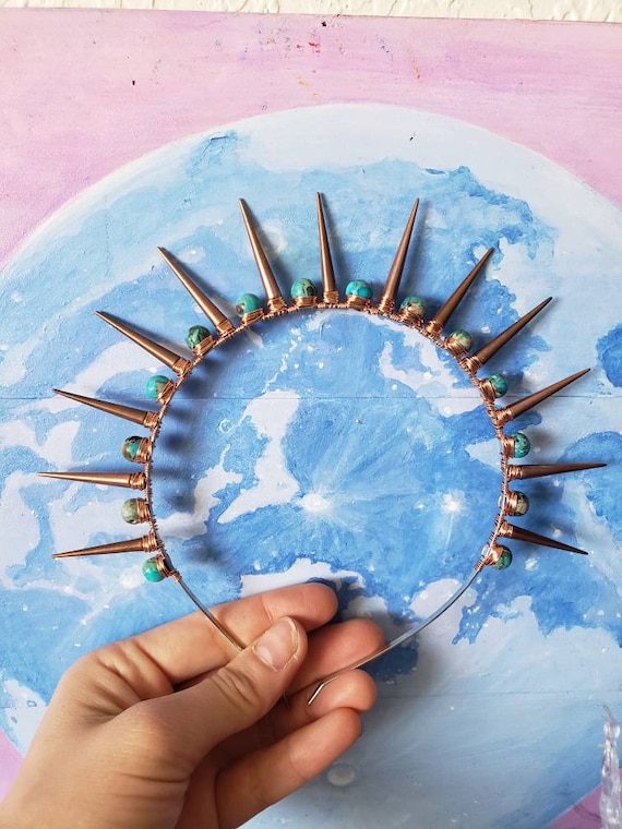 Spikes Turquoise Howlite Siderolite Gold Copper Headband  display picture 3