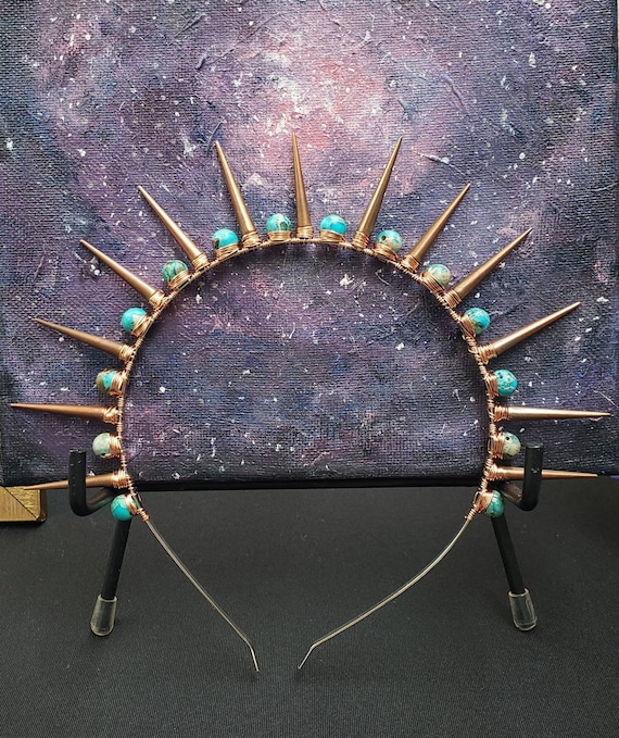 Spikes Turquoise Howlite Siderolite Gold Copper Headband  display picture 2