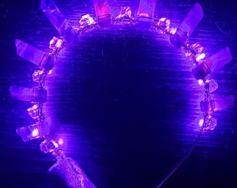 Amethyst light up crown festival fashion tiara led headpiece natural stone and clear faceted glass beads headband semi precious stone halo