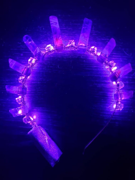 Amethyst light up crown festival fashion tiara led headpiece natural stone and clear faceted glass beads headband semi precious stone halo