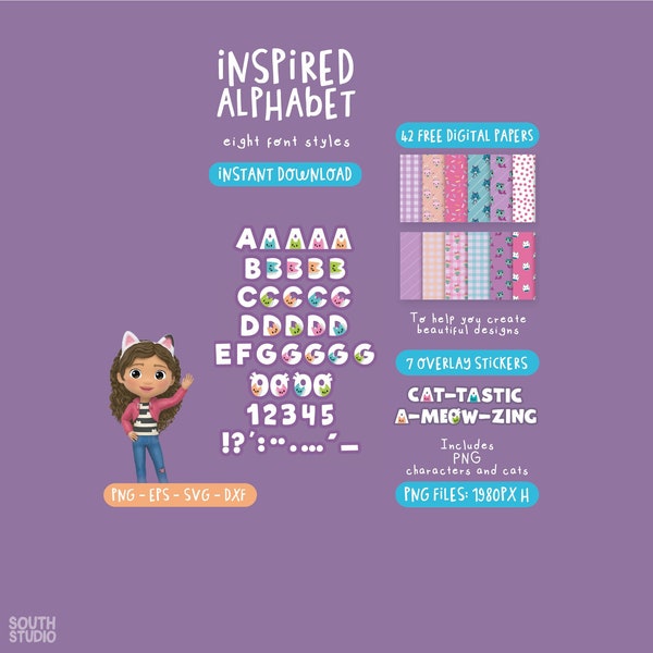 Gabby Doll inspired alphabet, Gabby doll inspired font + digital paper GADOPR