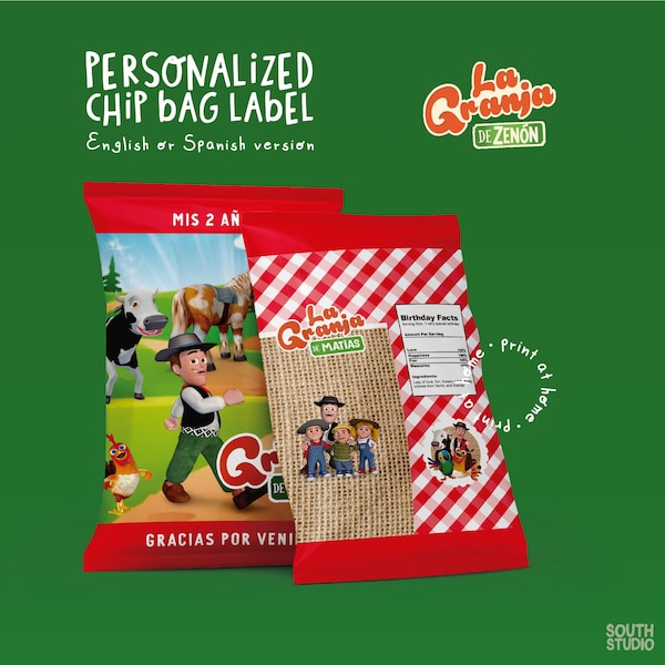 La granja de zenon chip bag. Étiquette de friandises Zenon farm party. emballage zenon Party. Vaca lola, percheron. GRZEPR