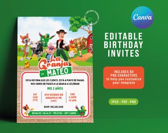 Granja Zenon Birthday Invitation, Editable Farm Party (Digital Download)