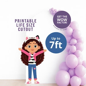 Recorte imprimible de tamaño real de la casa de muñecas de Gabby, figura de cartón de 2,13 m de la casa de muñecas de Gabby, lindos accesorios para fiestas de Gabby, accesorio de cumpleaños gigante, gran arco de globos