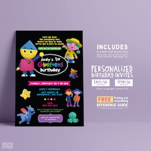 以下が含まれることがあります： カラーフォームのキャラクターをフィーチャーした、白黒の1歳の誕生日パーティーの招待状。招待状には、日付、時間、場所、RSVP情報、水着とタオルを持参するようにというメッセージが含まれています。招待状には、Amazonへのリンク付きの無料リファレンスガイドも含まれています。
