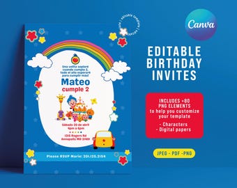 Invitación de cumpleaños de payaso Plim Plim, plantilla editable de Canva (descarga digital)