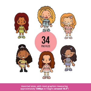 May include: A collection of seven cartoon character graphics in various outfits and hairstyles. A pink circle in the center displays the number "34" and the text "PNG FILES". The text at the bottom reads "Assorted sizes, with most graphics measuring approximately 1300px in height (around 18.5")".
