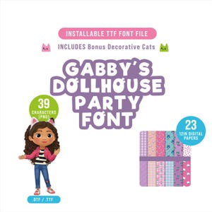 INSTALLABLE Gabby Dollhouse TTF inspired Font, Gabby doll Cute Cartoon Letters for Birthday Party Decor. GADOPR