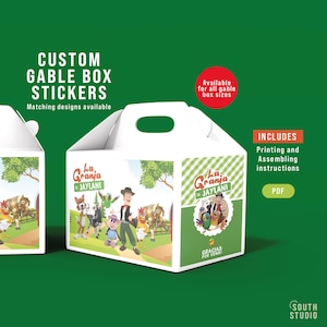 Etiquetas para decoração de festa La Granja de Zenon Gable Box. Adesivo para impressão em caixa de empena da Fazenda Zenon. Embalagem para caixa de empena Vaca Lola. GRZEPR