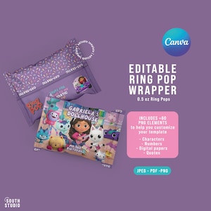 EDITABLE Gabby&#39;s Dollhouse Ring Pop Wrapper Digital Download. GADOPR