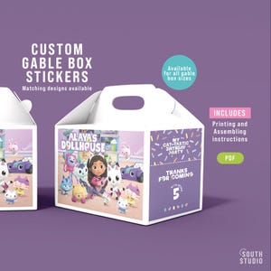 Gabby Doll Gable Box Labels party decoration. Printable Gabby Doll gable box sticker. GADOPR