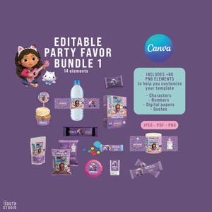 Paquete de etiquetas editables para la casa de muñecas de Gabby: 14 plantillas editables de Canva: envoltorios para regalos de fiesta de cumpleaños y decoración imprimible. GADOPR