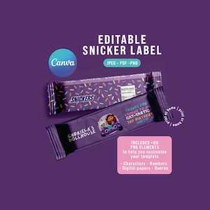 EDITABLE Gabbys Dollhouse Snicker wrapper. Gabbys Dollhouse chocolate Labels. GADOPR