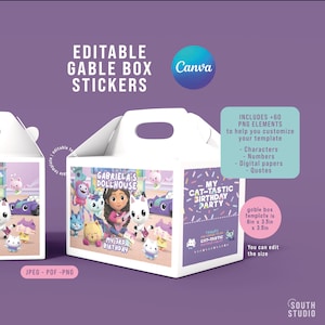 EDITABLE Gabby’s Dollhouse Gable Box Stickers – Party Favor Labels for Birthday Boxes & Printable Decorations. GADOPR