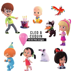 Könnte beinhalten: Eine Sammlung von Cartoon-Charakteren, darunter ein Junge mit Brille, ein Baby, ein Hund mit einer Karotte und ein Mädchen mit einem rosa Ballon. Das Bild zeigt auch eine Geburtstagstorte und einen Papagei. Der Text lautet "CLEO & CUQUIN" und "76 HD PNG images."