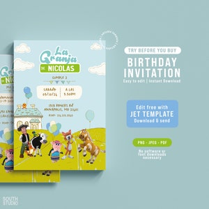 May include: A colorful birthday invitation for a child's second birthday party. The invitation features a cartoon farm scene with animals and a house. The text on the invitation reads "La Granja de Nicolas Cumple 2 Sabado 03/10/24 A Las 3.30PM 1318 Rogers Rd Annapolis, MD 21401 RSVP: 214.215.2545".